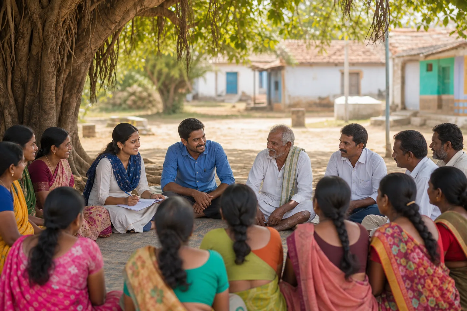 Volunteers meeting with village community members