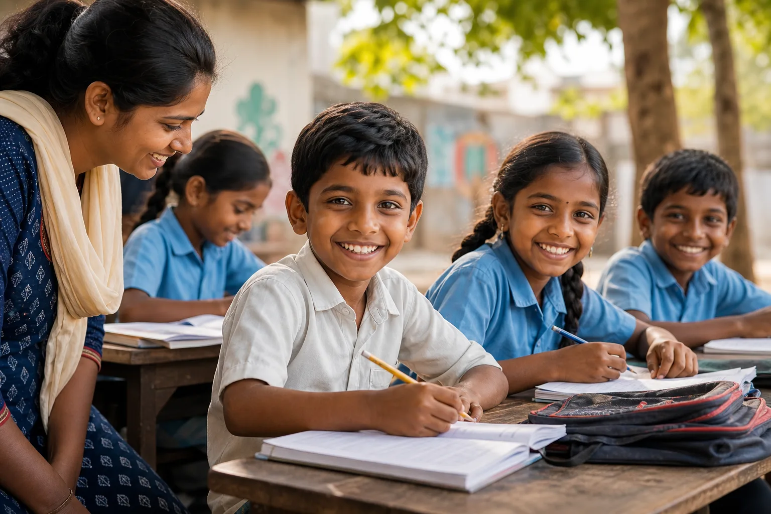 Children studying in a village education support program