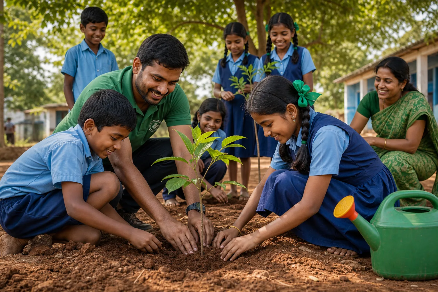 Children and volunteers planting saplings