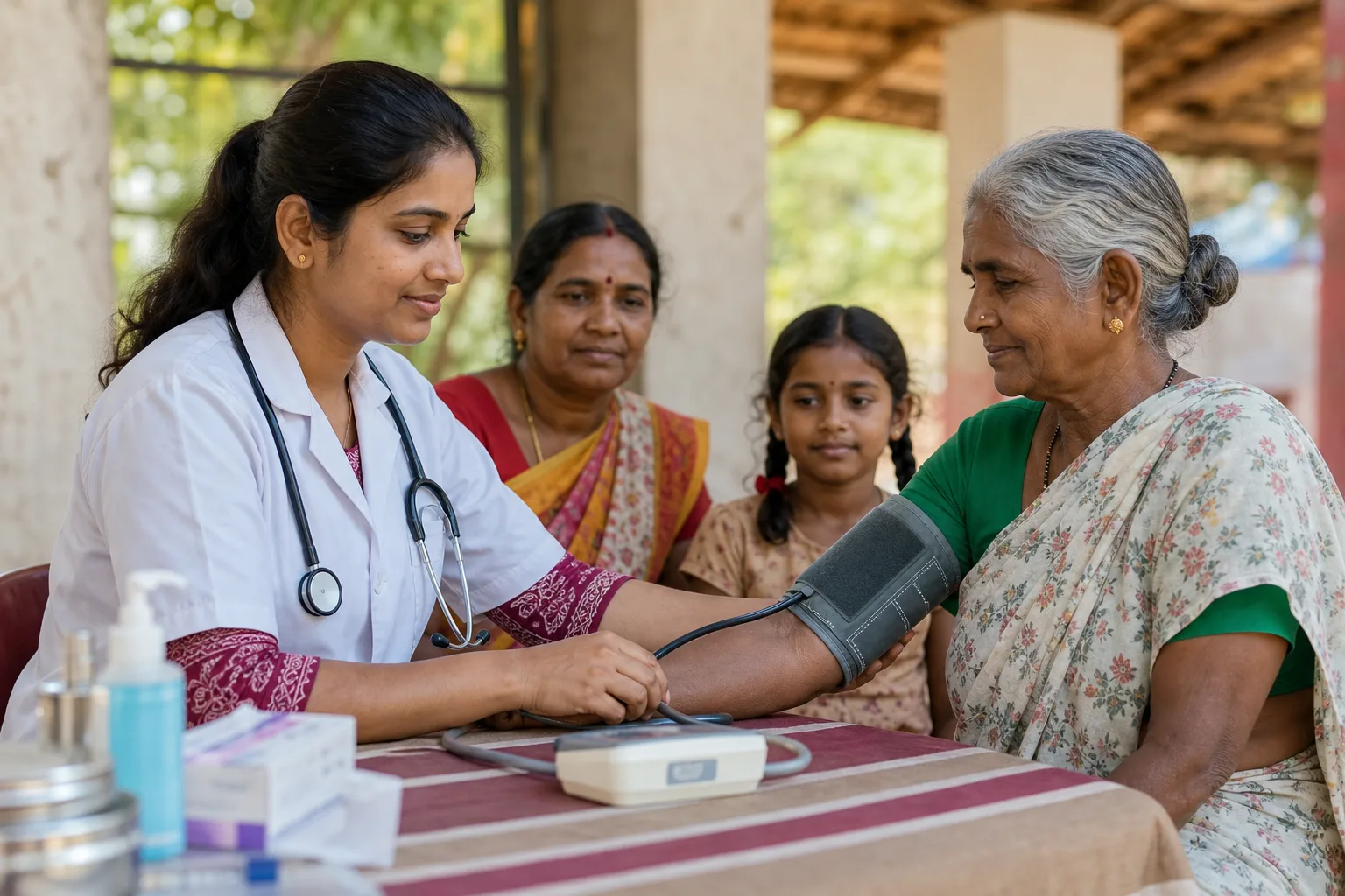 Healthcare camp with a nurse checking an elderly woman