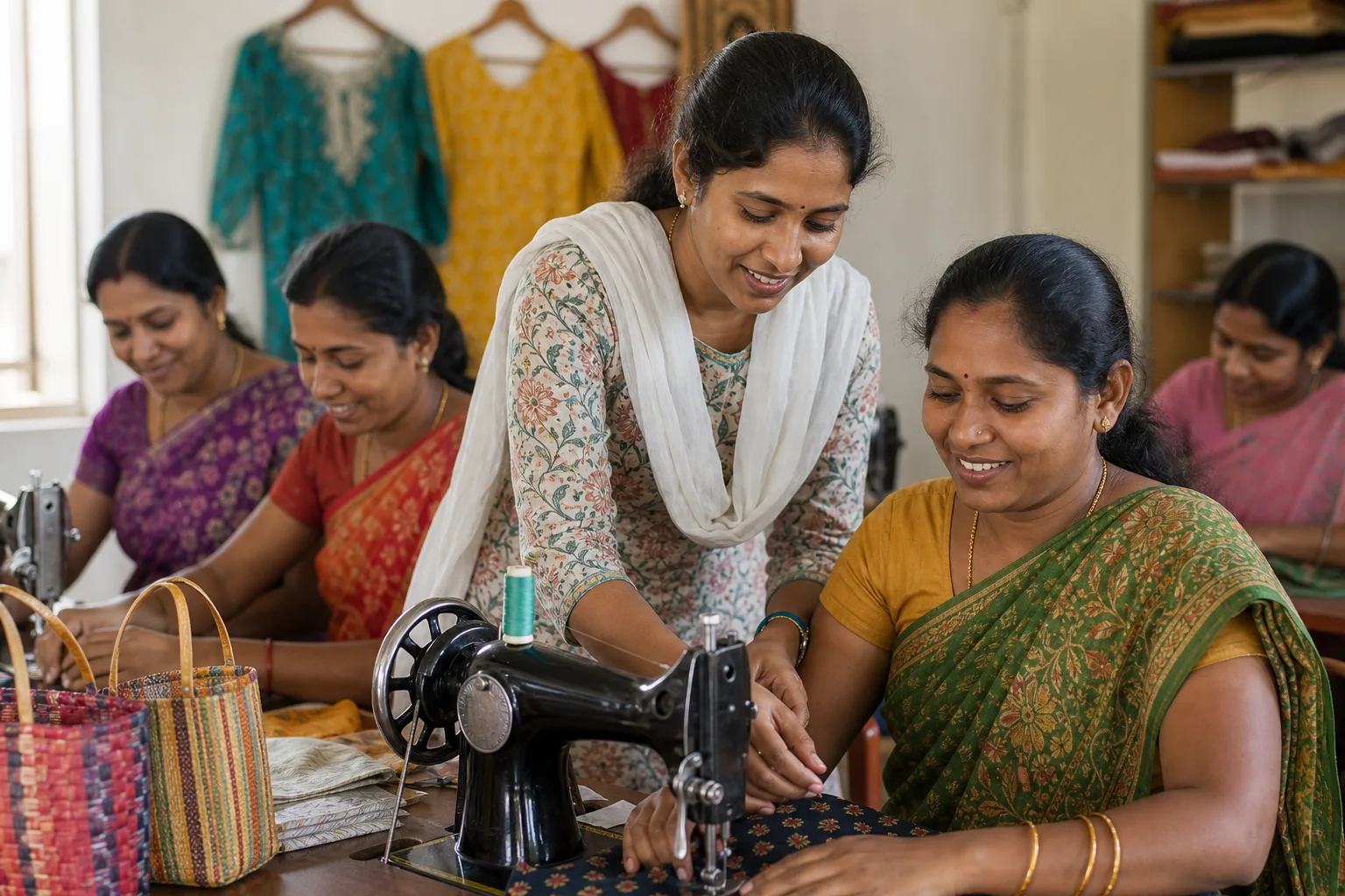 Women learning tailoring as part of livelihood training